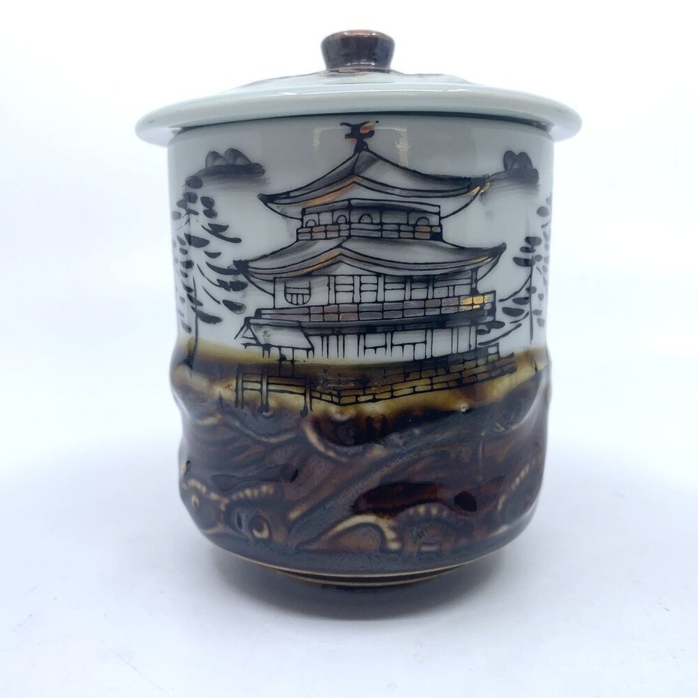 Japanese Kutani Porcelain Lidded Tea Cup Golden Pavilion Temple w/Gold Horse